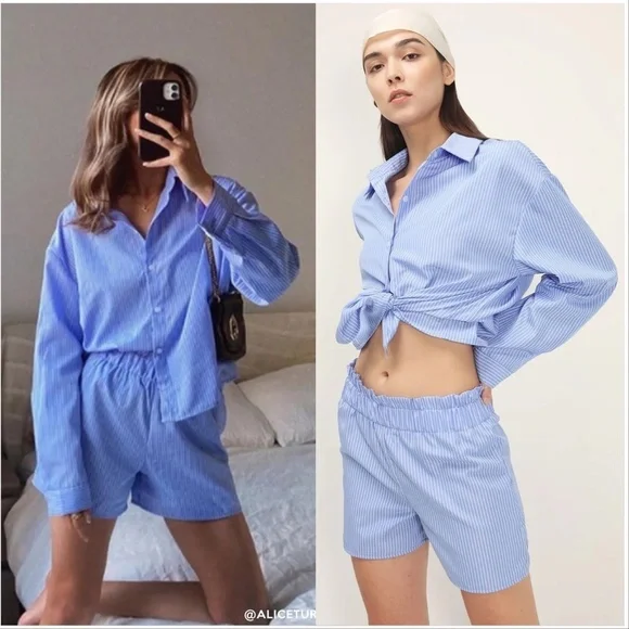 Storets Blue White Stripped Matching Shorts and Shirt Set - Picture 1 of 6